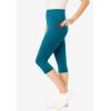 Woman Within Plus Size Stretch-Cotton Knit Pull-On Pocket Capri Leggings(Deep Teal)