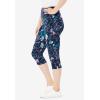 Woman Within Plus Size Stretch-Cotton Knit Pull-On Printed Capri Leggings(Navy Multi Florals)