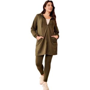 Ellos Women’s Plus Size Zip-Front Hoodie With Zip Pockets French Terry Long Oversized Jacket(Deep Olive)