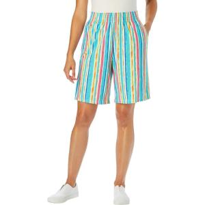 Woman Within Plus Size Elastic-Waist Knit Short(White Multi Watercolor Stripe)
