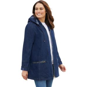 Woman Within Plus Size Flannel-Lined Denim Jacket Removable Hood Long Oversized Jean Coat(Indigo Plaid)