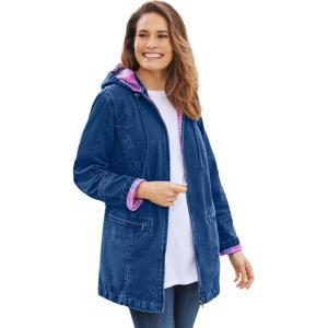 Woman Within Plus Size Flannel-Lined Denim Jacket Removable Hood Long Oversized Jean Coat(Medium Stonewash Plaid)