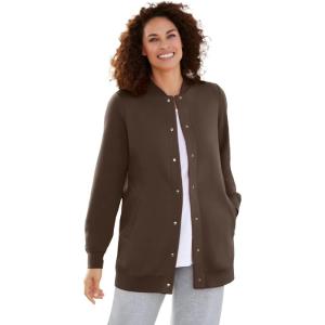 Woman Within Plus Size Fleece Baseball Jacket Long Oversized Fleece Coat(Chocolate)