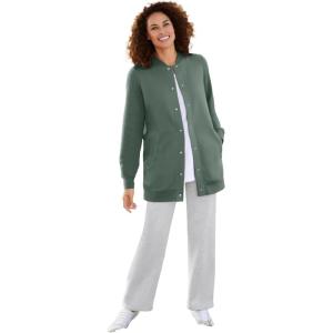 Woman Within Plus Size Fleece Baseball Jacket Long Oversized Fleece Coat(Pine)