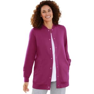 Woman Within Plus Size Fleece Baseball Jacket Long Oversized Fleece Coat(Raspberry)