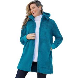 Woman Within Plus Size Fleece Hooded Jacket Long Oversized Zip-Up Fuzzy Hoodie(Deep Teal)