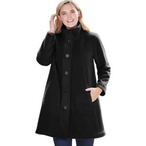 Woman Within Plus Size Fleece Swing Funnel-Neck Coat(Black)