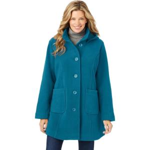 Woman Within Plus Size Hooded A-Line Fleece Coat(Deep Teal)