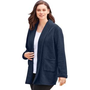 Woman Within Plus Size Microfleece Cardigan Shawl Collar Oversized Long Open Jacket(Navy)