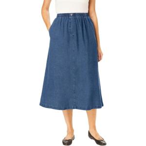 Woman Within Plus Size Petite 7-Day Elastic-Waist All-Cotton Pull-On Denim Jeans Skirt(Medium Stonewash)