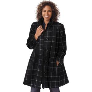 Woman Within Plus Size Petite Fleece Swing Funnel-Neck Coat(Black Windowpane Plaid)
