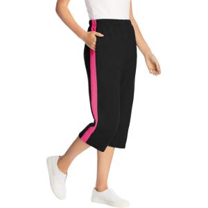 Woman Within Plus Size Petite Side-Stripe Cotton French Terry Capri(Black Raspberry Sorbet)