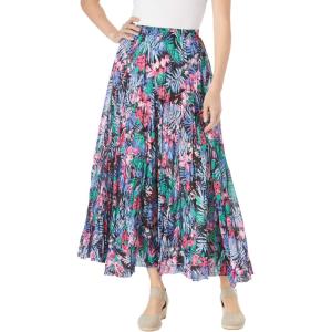 Woman Within Plus Size Pull-On Elastic Waist Crinkle Printed Skirt(Black Multi Tropicana)