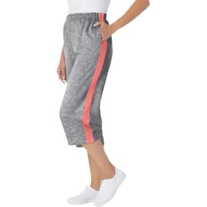 Woman Within Plus Size Side-Stripe Cotton French Terry Capri(Medium Heather Grey Sweet Coral)
