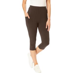 Woman Within Plus Size Stretch-Cotton Knit Pull-On Pocket Capri Leggings(Chocolate)