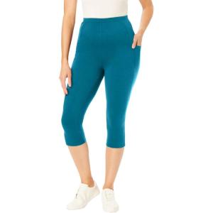 Woman Within Plus Size Stretch-Cotton Knit Pull-On Pocket Capri Leggings(Deep Teal)