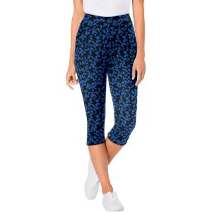 Woman Within Plus Size Stretch-Cotton Knit Pull-On Printed Capri Leggings(Black Abstract)