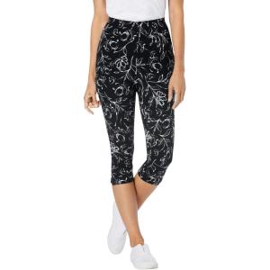 Woman Within Plus Size Stretch-Cotton Knit Pull-On Printed Capri Leggings(Black Batik Floral)