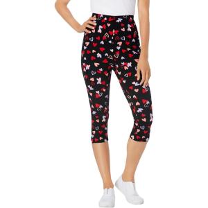 Woman Within Plus Size Stretch-Cotton Knit Pull-On Printed Capri Leggings(Black Tossed Hearts)