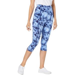 Woman Within Plus Size Stretch-Cotton Knit Pull-On Printed Capri Leggings(Blue Tie-dye)