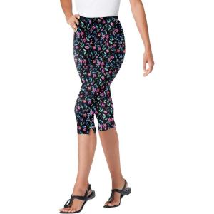 Woman Within Plus Size Stretch-Cotton Knit Pull-On Printed Capri Leggings(Multi Graphic Floral)