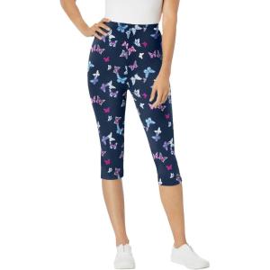 Woman Within Plus Size Stretch-Cotton Knit Pull-On Printed Capri Leggings(Navy Butterflies)