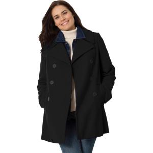 Woman Within Plus Size Wool-Blend Double-Breasted Peacoat(Black)