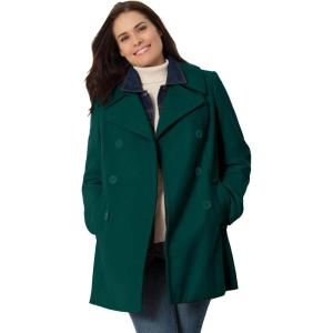 Woman Within Plus Size Wool-Blend Double-Breasted Peacoat(Emerald Green)