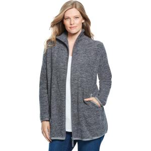 Woman Within Plus Size Zip-Front Microfleece Jacket Long Oversized Fleece(Black Marled)