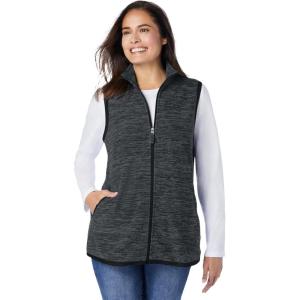 Woman Within Plus Size Zip-Front Microfleece Vest Long Fleece Vest(Black Marled)