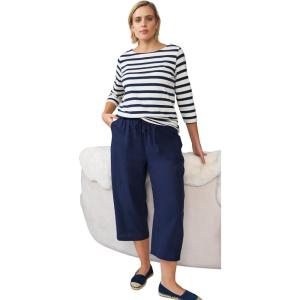 ellos Plus Size Linen-Blend Drawstring Elastic Waist Relaxed Fit Capris(Navy)