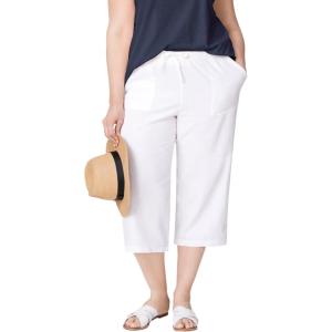 ellos Plus Size Linen-Blend Drawstring Elastic Waist Relaxed Fit Capris(White)