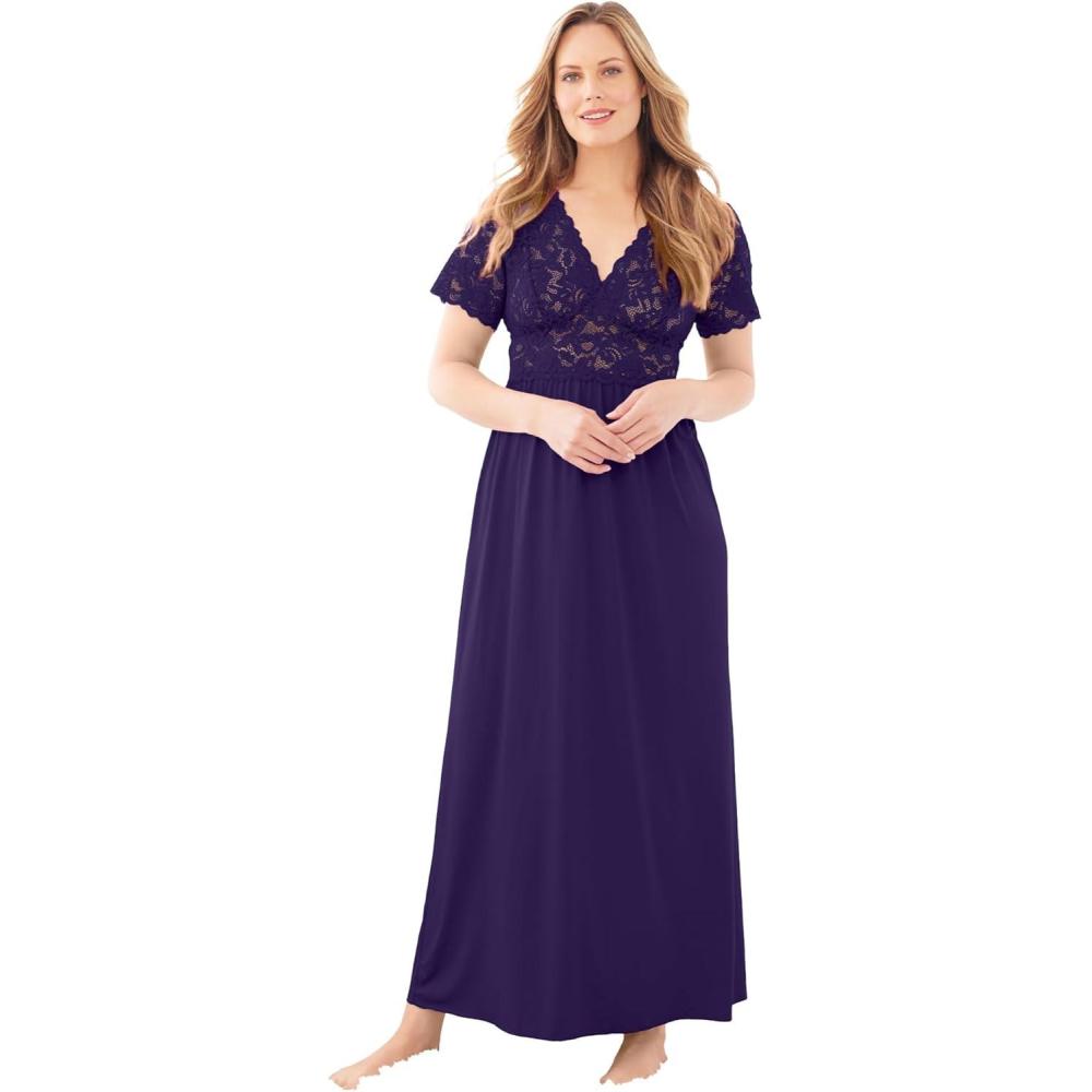 image:imageAmoureuse Plus Size Long Lace Top Stretch Knit GownDark Grape