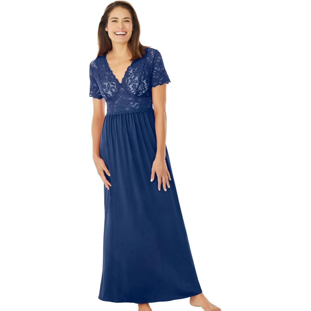 image:imageAmoureuse Plus Size Long Lace Top Stretch Knit GownEvening Blue