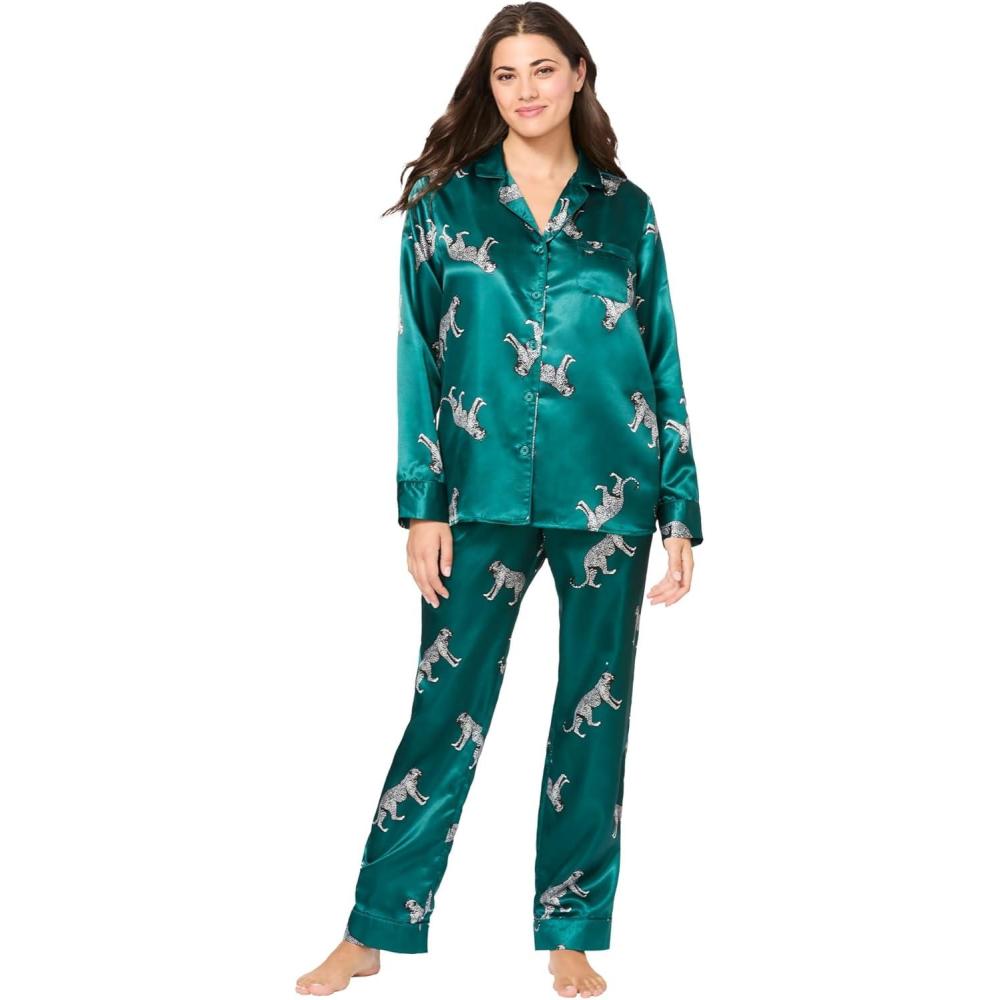 image:imageAmoureuse Plus Size The Luxe Satin Pajama SetDeep Emerald Leopard