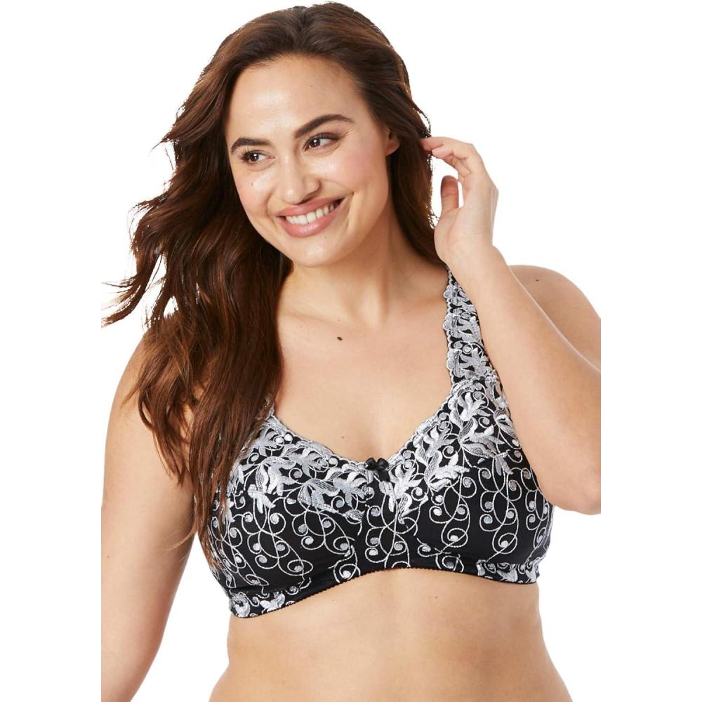 image:imageAmoureuse Womens Plus Size Embroidered Wireless BackClose BraBlack Silver