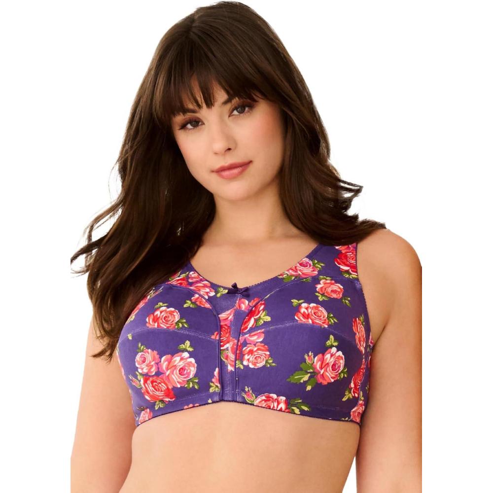 image:imageComfort Choice Womens Plus Size Cotton BackClose Wireless BraBright Purple Roses