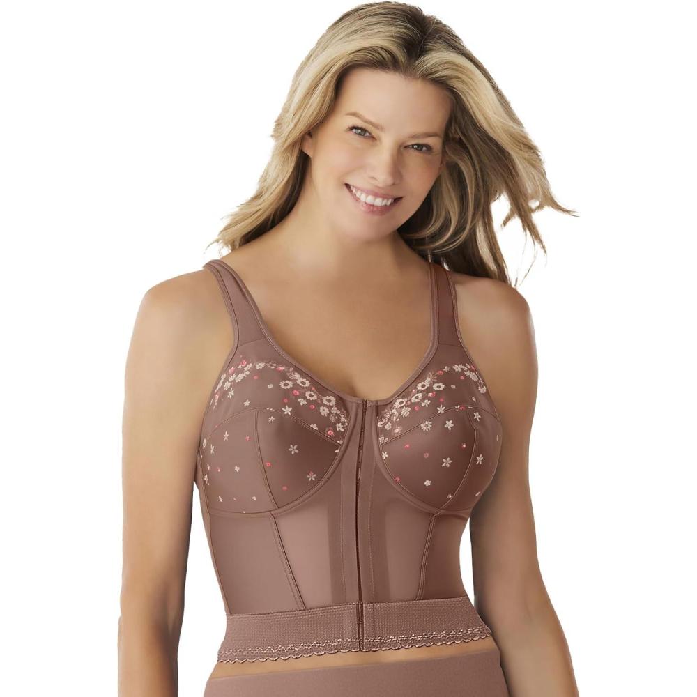 image:imageComfort Choice Womens Plus Size Embroidered FrontClose Longline Posture BraMocha Nude Embroidery