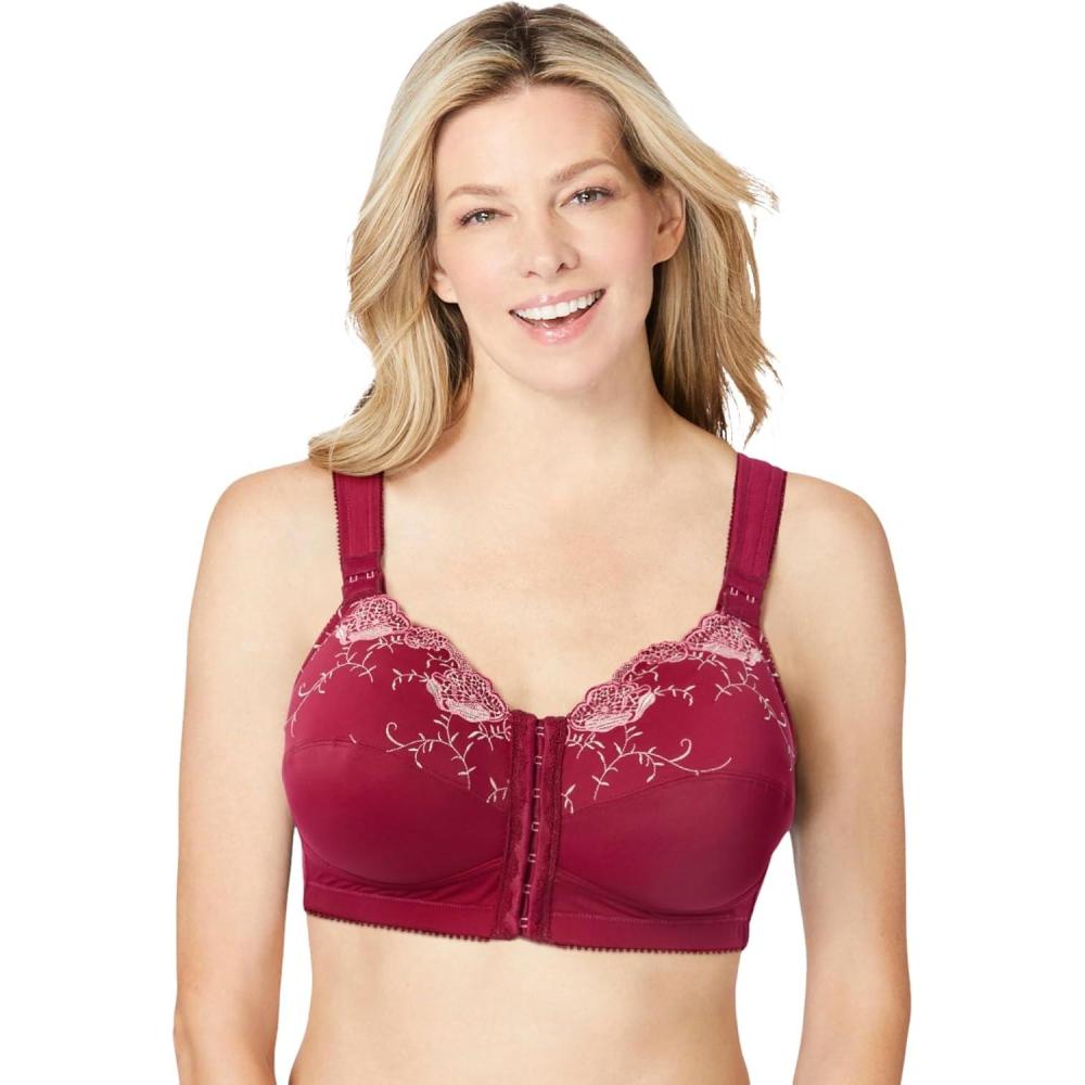 image:imageComfort Choice Womens Plus Size FrontClose Embroidered Wireless Posture BraPomegranate Floral Embroidery