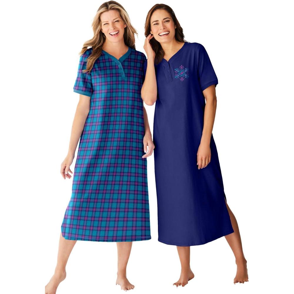 image:imageDreams amp Co Plus Size 2Pack Long Henley SleepshirtDark Turq Plaid
