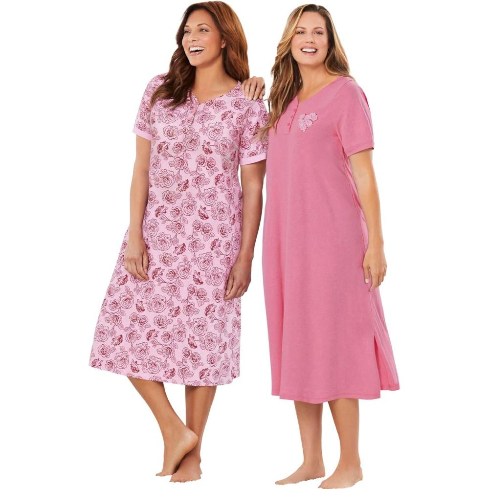 image:imageDreams amp Co Plus Size 2Pack Long Henley SleepshirtDazzling Pink Rose Heart