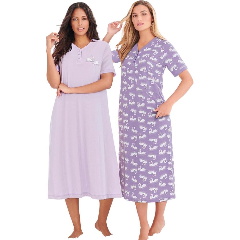image:imageDreams amp Co Plus Size 2Pack Long Henley SleepshirtPale Lilac Swan