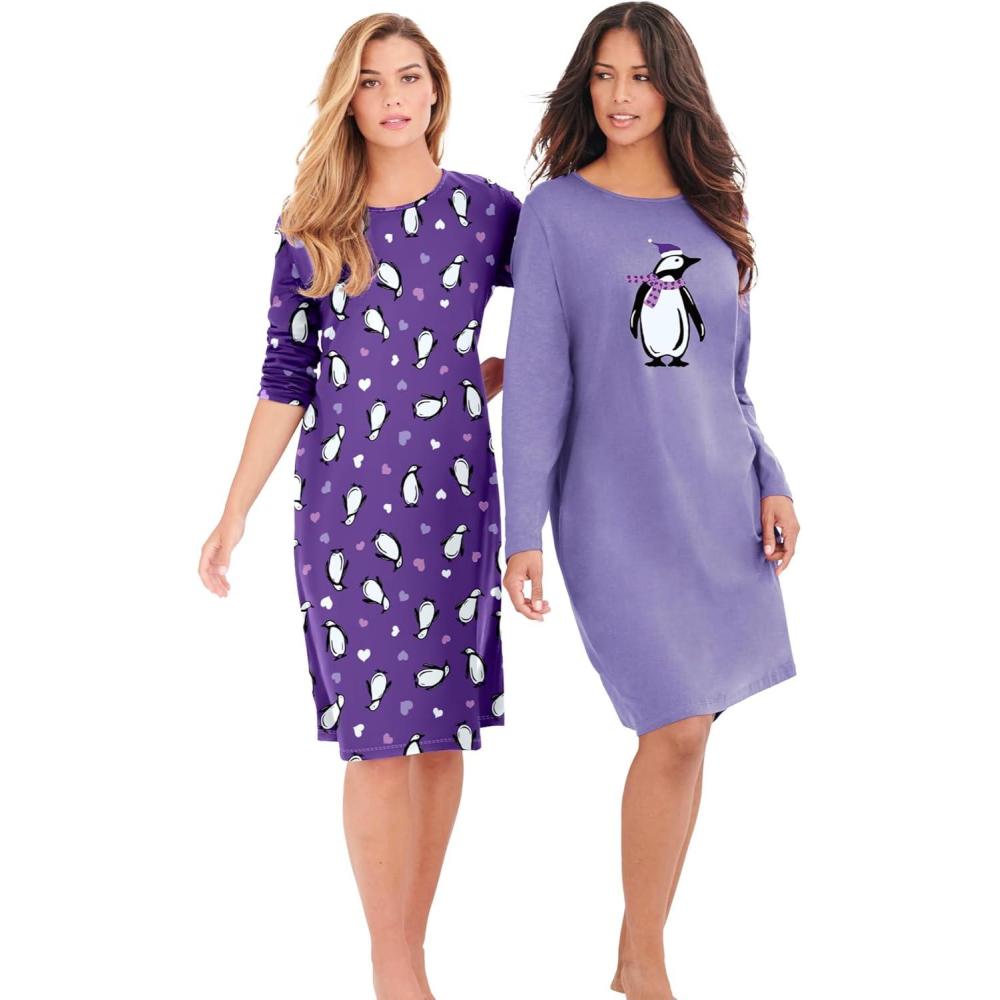 image:imageDreams amp Co Plus Size 2Pack LongSleeve SleepshirtPlum Burst Penguins