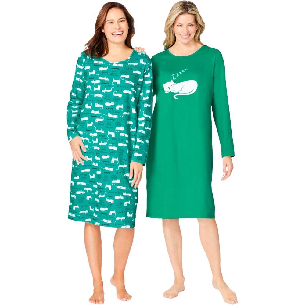 image:imageDreams amp Co Plus Size 2Pack LongSleeve SleepshirtTropical Emerald Cat