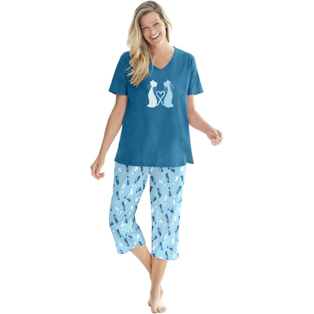 image:imageDreams amp Co Plus Size 2Piece Capri PJ SetDeep Teal Cat