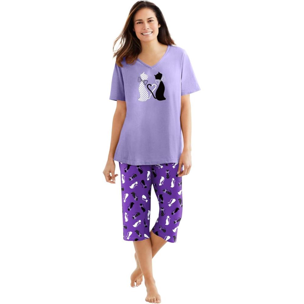 image:imageDreams amp Co Plus Size 2Piece Capri PJ SetPlum Burst Cat