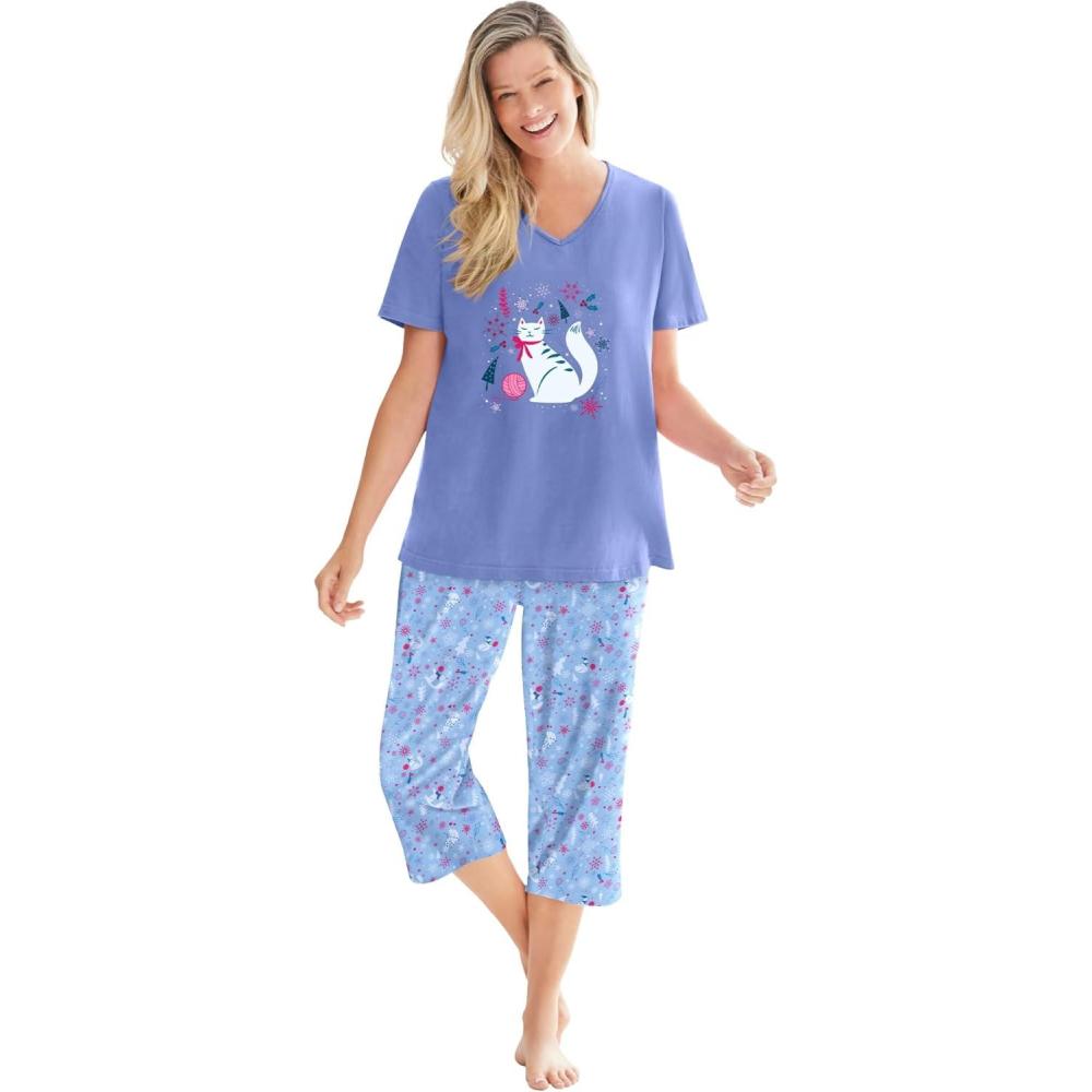 image:imageDreams amp Co Plus Size 2Piece Capri PJ SetSky Blue Winter Cat