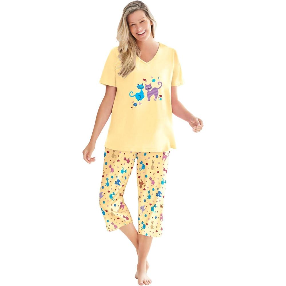 image:imageDreams amp Co Plus Size 2Piece Capri PJ SetYellow Cats
