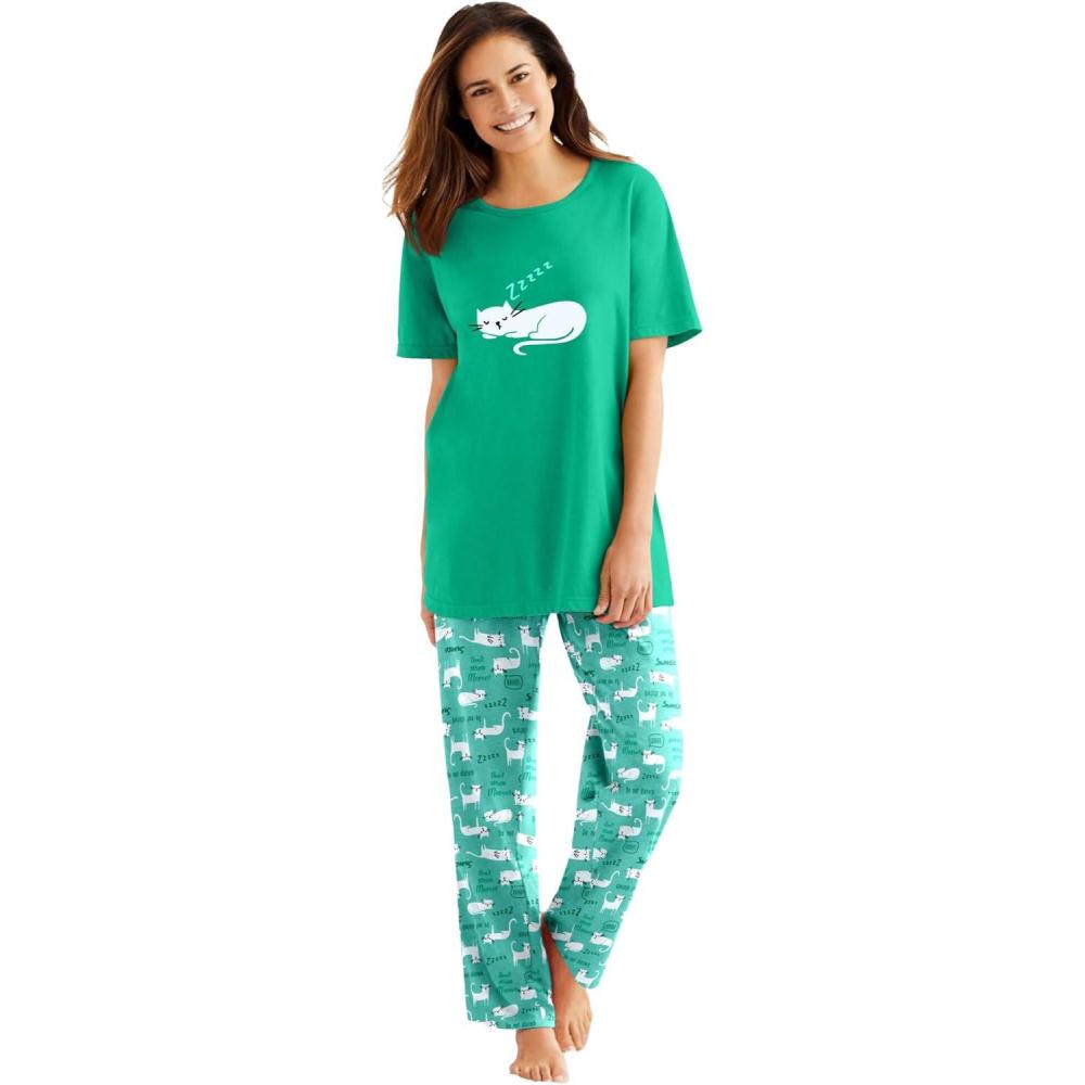 image:imageDreams amp Co Plus Size Graphic Tee PJ SetTropical Emerald Cat