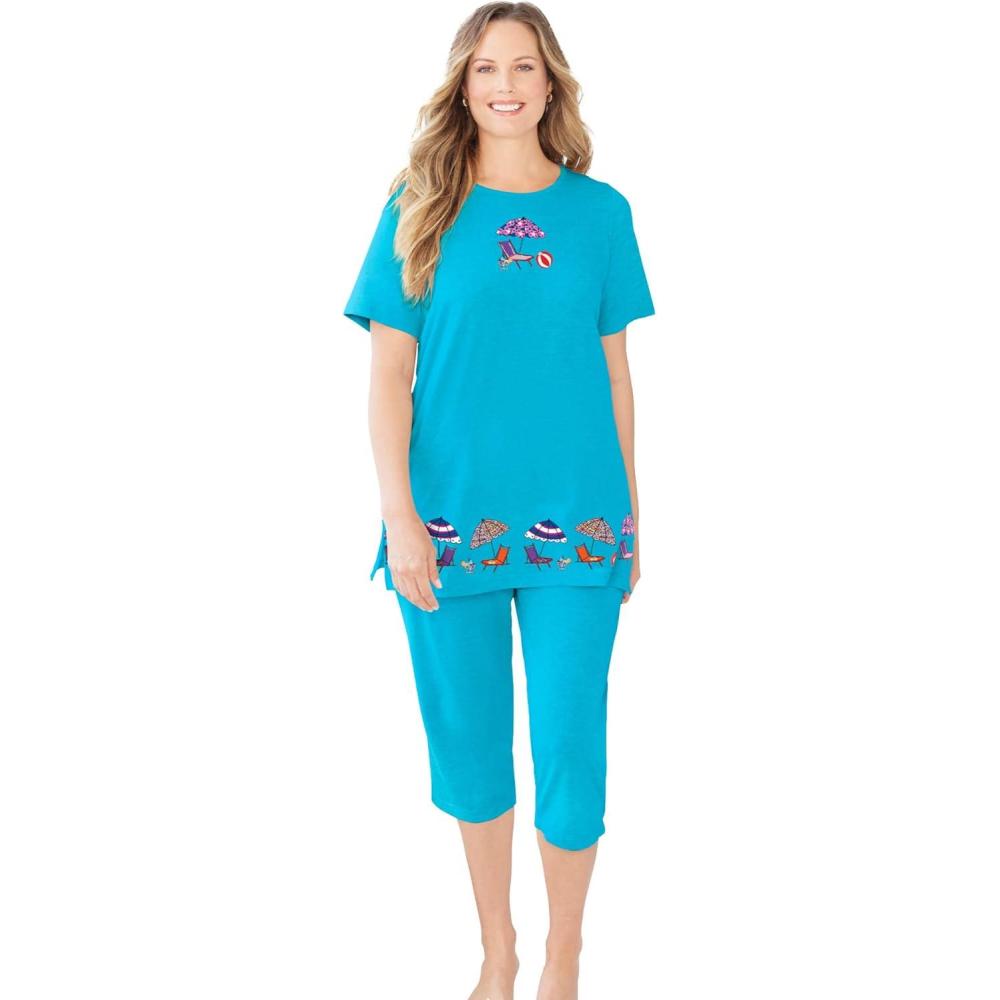 image:imageDreams amp Co Plus Size Knit Capri Sleep SetCapri Blue Umbrella
